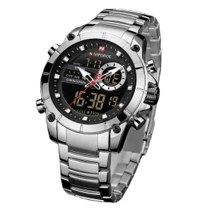 9163 Fashion Men Dual Display Watch Stainless Steel Strap Week Display Quartz Wristwatch