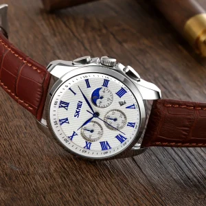 9260 Luxury Antique Sport Charm Analog Quartz Chronograph Watch Waterproof 22mm Leather Alloy Moon Phase Business