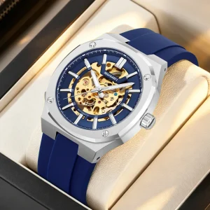 9404 Analog Dial Automatic Mechanical Watch Alloy Case Silicone Band Waterproof Business Style Luxury Men’s Watch