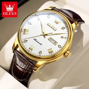 9932 Roman Numeral Black Dial Diamonds Design Automatic Movement Waterproof 3BAR Genuine Leather Band Luminous Watch
