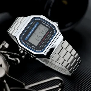 A168W Men’s LED Digital Watch Sports Watches Men’s Vintage Stainless Steel Waterproof Timer Alarm Clock Wristwatches