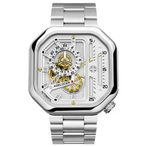 AGELOCER Original Racing Watch Steel Strap Men Square Luminous Skeleton Automatic Mechanical Watch for Men Wristwatch with Box
