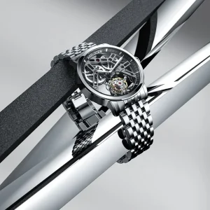 AGELOCER Original Tourbillon Watch Steel Strap Men’s Business Luxury Skeleton Manual Mechanical Watch Diamond Bezel