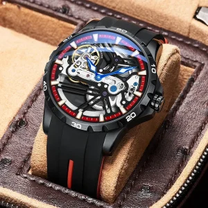 AILANG Hollow Mechanical Watch Stainless Steel Case Luxury Motorcycle Watches Water Resistant Sports Skeleton Silicone