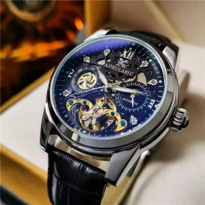 AOKULASIC 1701 Men’s Flywheel Hollow Watch Luxury Moon Phase Display 24-Hour Automatic Mechanical Watch Leather Strap