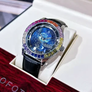 AOKULASIC Business Mechanical Watch for Men with Luminous Starry Rotating Dial Colored Diamonds