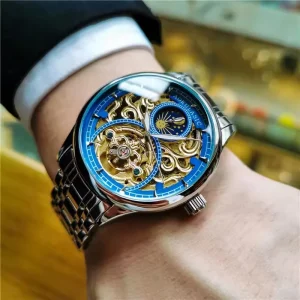 AOKULASIC Luxury Hollow Men’s Mechanical Watch Stainless Steel Tourbillon Automatic Wristwatch Moon Phases