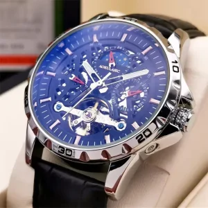 AOKULASIC Multifunctional Men’s Mechanical Watch Luxury Tourbillon Wristwatch Hollow Moon Phase Dial Bracelet Brand Automatic