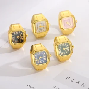 Actual Real Watch Hexagon Digital Ring Watch Minimalist Watch Dial Steel Gold Plated Green Mini Finger Watch Rings