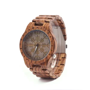 Adjustable Length Wooden Watchband Japanese Movement Norse Helm of Awe Rune Viking Watch