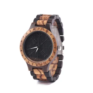 Adjustable Length Wooden Watchband Japanese Movement Norse Runes Helm of Awe Viking Watch