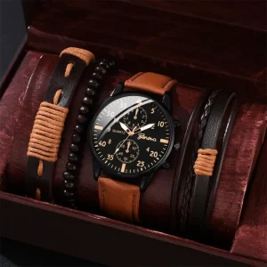 Africa Style Ten Different Colors Imitation Leather Bracelet and Business Alloy Quartz Watch Men’s Jewelry Set