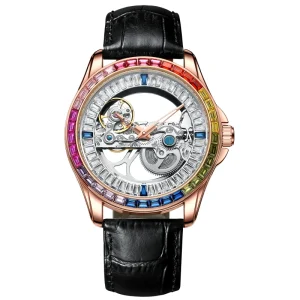 Ailang Fully Hollow Automatic Mechanical Watch Men’s Pointer Alloy Case Mineral Glass Leather Band Waterproof 30M Tang