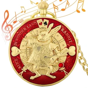 Alice’s Adventure Mr. Rabbit Poker Quartz Music Pocket Watch Golden Red Winding Up Music Box Pocket Watch With Chain