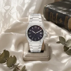 All Silver Octagonal Men’s Business Watch, Embossed Date Window, Integrated Link, Stainless Steel Bracelet, Waterproof Wristwatch