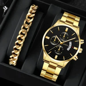 Alloy Fashion Stainless Steel Quartz Watch Bracelet Set Classic Boy Black Geneva Watches for Men