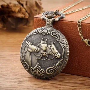 Alloy Vintage Quartz Round Case 47mm Dial Pocket Watch with Three Running Horses Carved Pendant Necklace for Men and Women