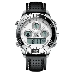 Analog-Digital Double Movements Sports Watch Night Light Waterproof Timing Alarm Men Leather Digital Watch