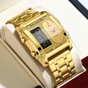 Analog Digital Dual Movement Multifunctional Wristwatch Stainless Steel Band LED Back Light Watch for Men