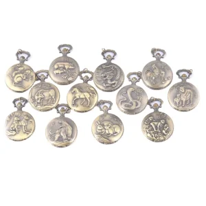 Antique Booth Wall Collection 12 Zodiac Bronze Quartz Necklace Pocket Watches