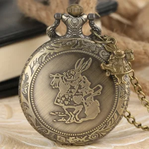 Antique Bronze Alice Wonderland Rabbit Necklace Chain Pendant Quartz Pocket Watch No Waterproof Made in Guangdong for Boys Girls