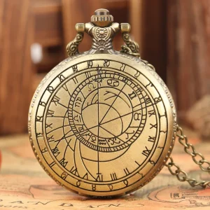 Antique Bronze Prague Astronomical Clock Analog Quartz Pocket Watch with Chain Compass Pendant