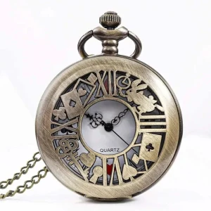 Antique Bronze Quartz Alloy Case Pocket Watch Pendant Necklace with Fantasy Rabbit and Poker Design