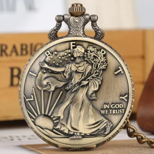 Antique Bronze Statue of Liberty Coin Pattern Collectible Quartz Pocket Watch With Necklace Pendant Exquisite Gift for Male Women