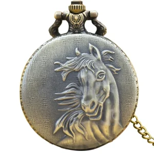 Antique Bronze Stempunk Metal Pendant Necklace Quartz Movement Vintage Clock Horse Pocket Watch on Chain