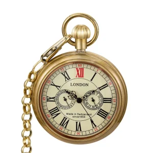 Antique Chain Mechanical Hand Winding Brass Roman Pocket Watch