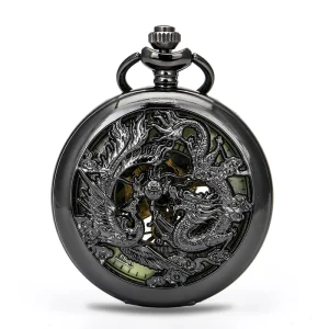 Antique Chinese Dragon Style Polished Black Half Hunter Mechanical Pocket Watch with Luminous Dial No Waterproof