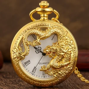 Antique Chinese Zodiac Dragon Retro Quartz Pocket Watch with FOB Chain Vintage Flip Hollow Pendant Christmas Gift