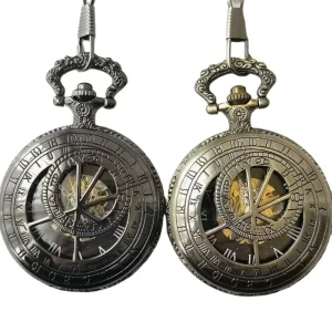 Antique Compass Hand Winding Mechanical Hollow Skeleton Roman Stainless Steel Pocket Watch