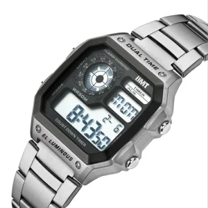 Antique Gents Vintage Luxury Waterproof Sports Stainless Steel Band Digital Watch with Alarm Stopwatch Men Rectangle