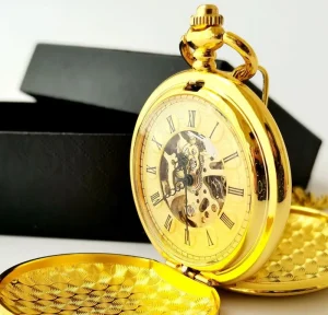 Antique Gold Stainless Steel Mechanical Pocket Watch with Double-Sided Smooth Roman Dial