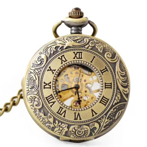 Antique Hollow Manual Black Hand Winding Retro Roman Mechanical Pocket Watch