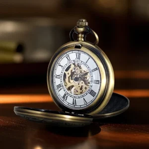 Antique Long Chain Bronze Vintage Automatic Mechanical Pocket Watch Roman Style