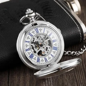Antique Mechanical Pocket Watch with Stainless Steel Case Alloy Strap Round Dial 47mm Daily Gift Holiday