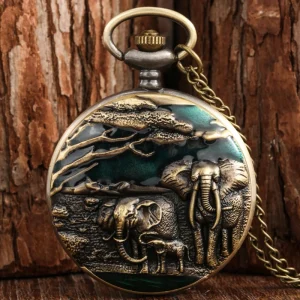 Antique Metal Craft Resin Art Jewelry Steampunk Elephant Pocket Watch for Men Gift Necklace Pendant Locket Watch with Chain
