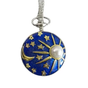 Antique Quartz Angel Pocket Watch Star Moon Blue Roman Silver Case