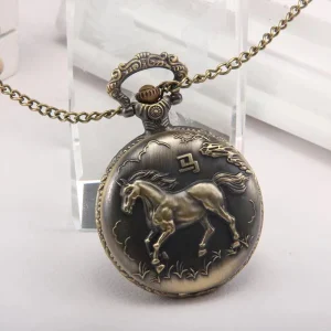Antique Retro Bronze 12 Animal Quartz Round Case Pocket Watch Necklace with Pendant Chain No Waterproof Holiday Gift