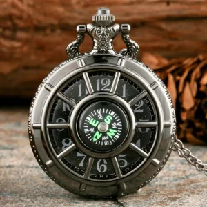 Antique Retro Half Hunter Quartz Pocket Watch with Starry Sky Dial Hollow Pendant Compass with Stylish Necklace Chain