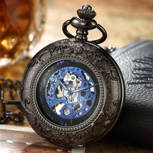 Antique Retro Hand Wind Mechanical Pocket Watch with Skeleton Dial Black Steel Flip Design Men’s Hollow Fob Chain Gift