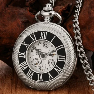Antique Retro Roman Mechanical Pocket Watch Stainless Steel Case Hollow Manual Key Chain Style