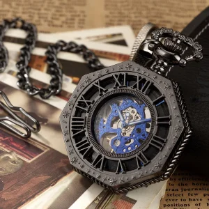 Antique Roman Numeral Stainless Steel Pocket Watch Hollow Vintage Mechanical Analog Dial 45mm Stainless Steel Strap