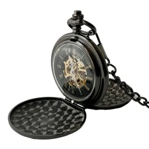 Antique Smooth Black Hand Wind Double Side Roman Mechanical Zinc Alloy Case Pocket Watches