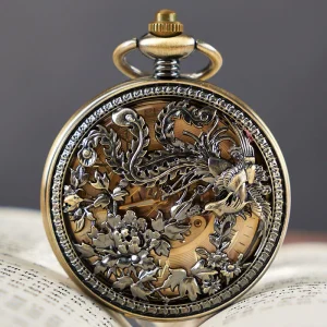Antique Souvenir Phoenix Flowers Skeleton Gear Steampunk Clock Mechanical Automatic Pocket Watch with Chain Bingo Beads 95g