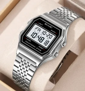 Antique Sport Luxury Stainless Steel Watch LED Display Square Case Water Resistant Alarm Stop Watch Features