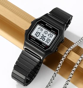 Antique Sports LED Display Digital Watch with Square Stainless Steel Case Water Resistant Alarm