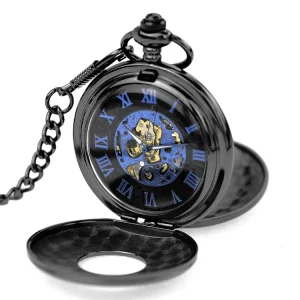 Antique Stainless Steel Gold Retro Hand Wind Double Side Roman Mechanical Pocket Watch